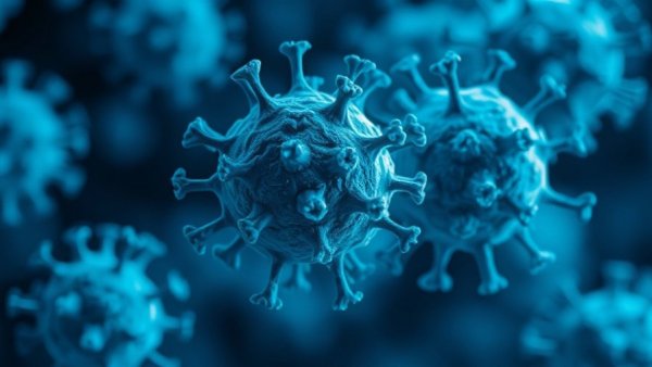 AI virus creation concept with digital virus particles.
