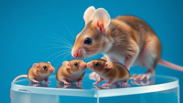 Adult mouse with cloned male and female mice on acrylic platform, contrasting blue background.