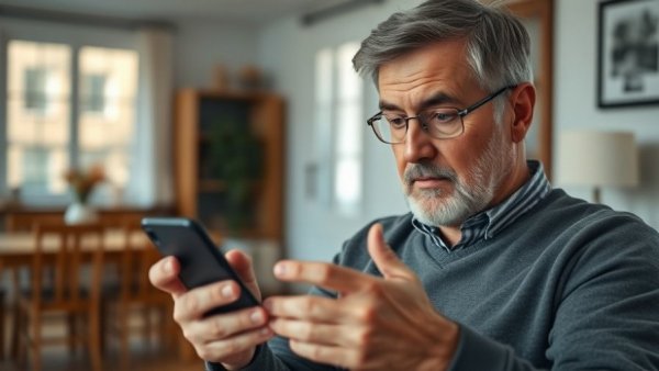 Middle-aged man using smartphone with sign language AI app