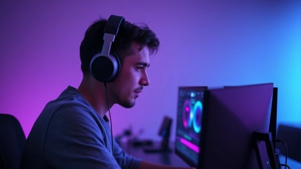 Twitch content creator using dual monitor setup in purple-lit room