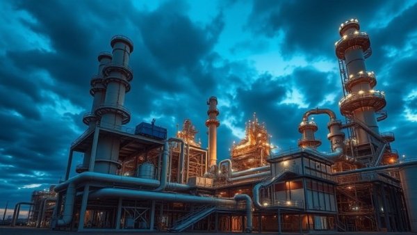 Greener ammonia production industrial plant at twilight with pipes.