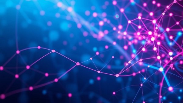 Futuristic AI network graphic with data nodes and connections.