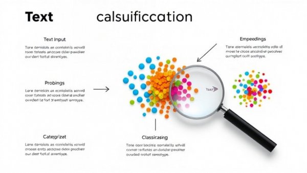 Interpretable text classification process infographic with text, embeddings, probe, and classes.