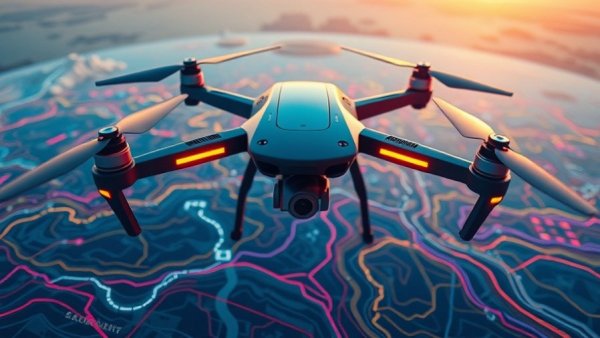 Vibrant drone flying over digital map, representing Ukrainian drone data marketplace.