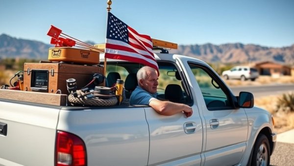 Flock cameras privacy concerns: Truck loaded with equipment and American flag.