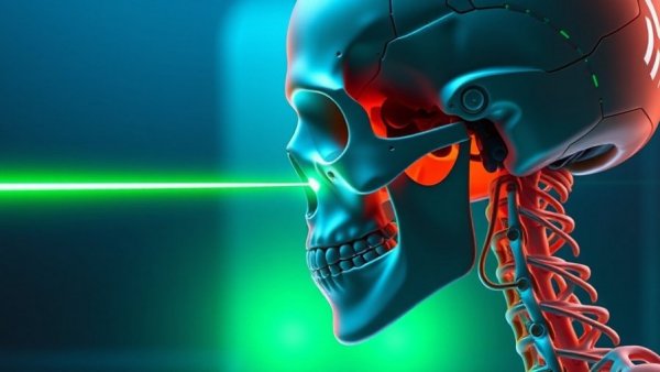 AI-assisted minimally invasive surgery depicted with a digital skull and green laser.