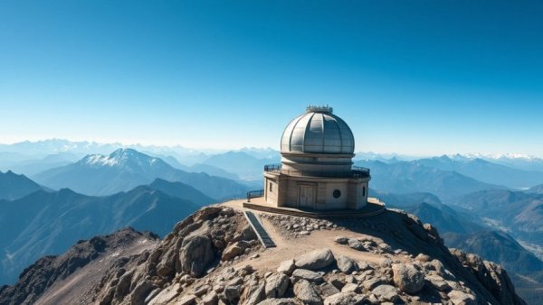 Observatory on mountain peak with rocky terrain and clear sky, AI extinction risk.