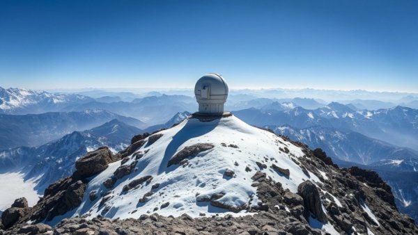 Remote observatory on snowy mountain, clear blue sky.