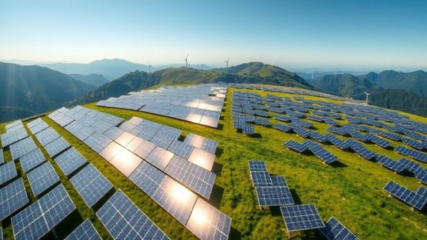 Solar panel field on hills with wind turbines, showcasing solar energy prices.