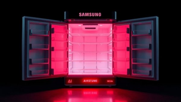 Samsung AI fridge with open doors and bright red hue.