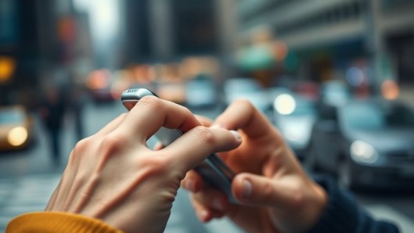 Person using smartphone outdoors, illustrating technology interaction.
