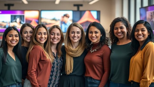 Diverse women group in a modern workspace embracing humanistic approach to technical innovation.