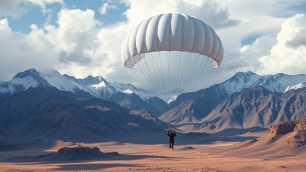 Parachute landing in a desert with mountain backdrop, Climate Tech Companies to Watch.