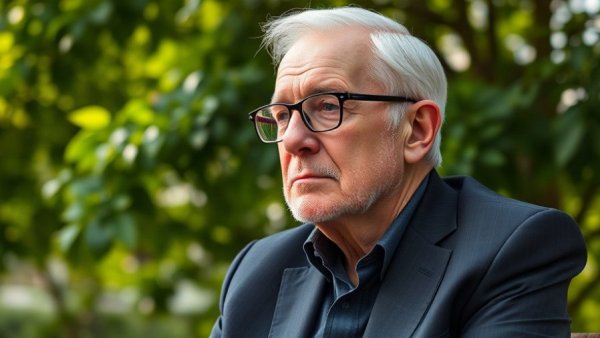 Thoughtful older man in a black suit with a green background.