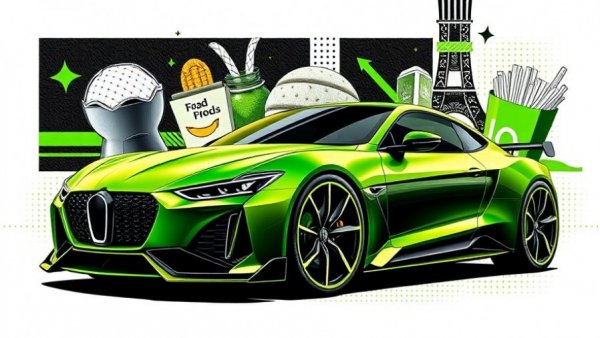 AI Driving Cars and fast food collage in vibrant green
