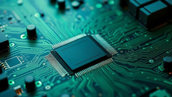 Close-up of advanced microchips on a circuit board, AI breakthroughs in robotics.