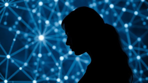 AI in academia: Woman interacts with digital network in abstract style.