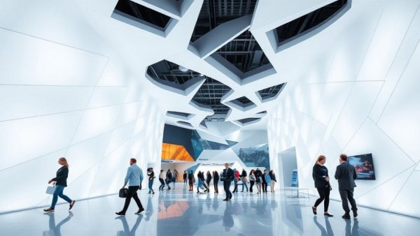 Futuristic exhibition with geometric design and visitors