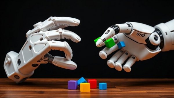 3D data glove and robotic hand with cubes demonstrating self-aware devices in design.