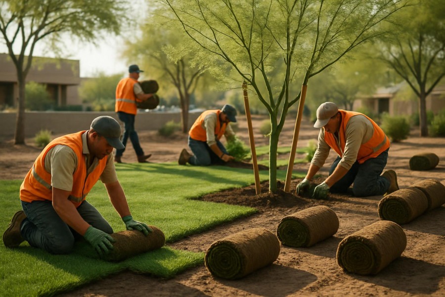 Dynamic landscape installation in Arizona: workers laying sod and planting trees.