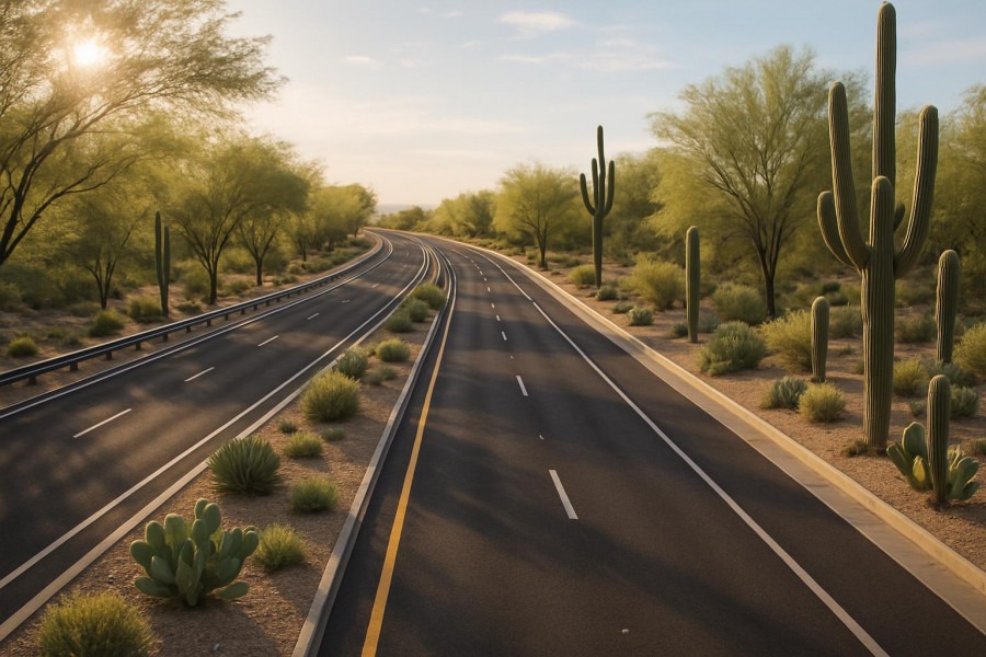 Commercial landscaping for municipalities featuring native cactus and trees under filtered sunlight.