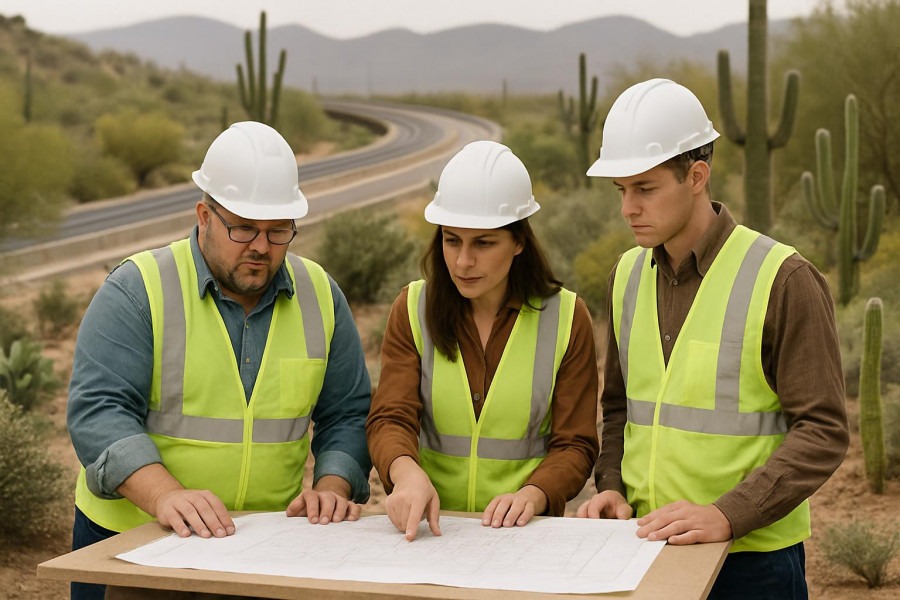 Collaborative planners evaluating sustainable highway construction with eco-friendly materials in Arizona.