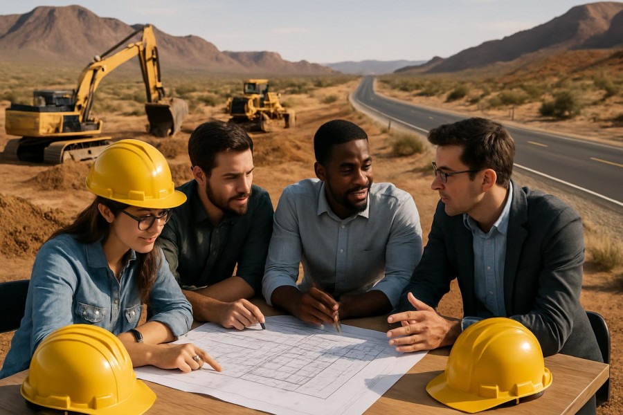 Team brainstorming innovative development projects near Arizona desert highway, with earth-moving machinery.