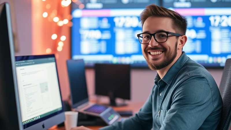 Happy user celebrating at computer, showcasing joy and success.