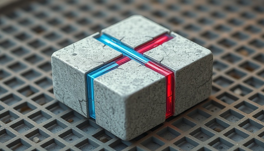Abstract concrete block with blue and red pathways, Adobe AWS Partnership.