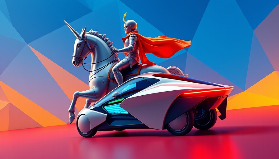 Futuristic knight and car; breakthrough technologies theme.