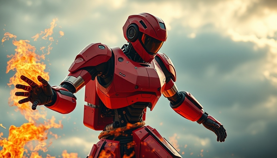 Futuristic AI firefighting robot in flames with cloudy sky.
