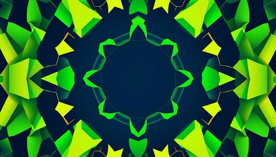 AI Innovation abstract geometric design with green and yellow layers on blue.