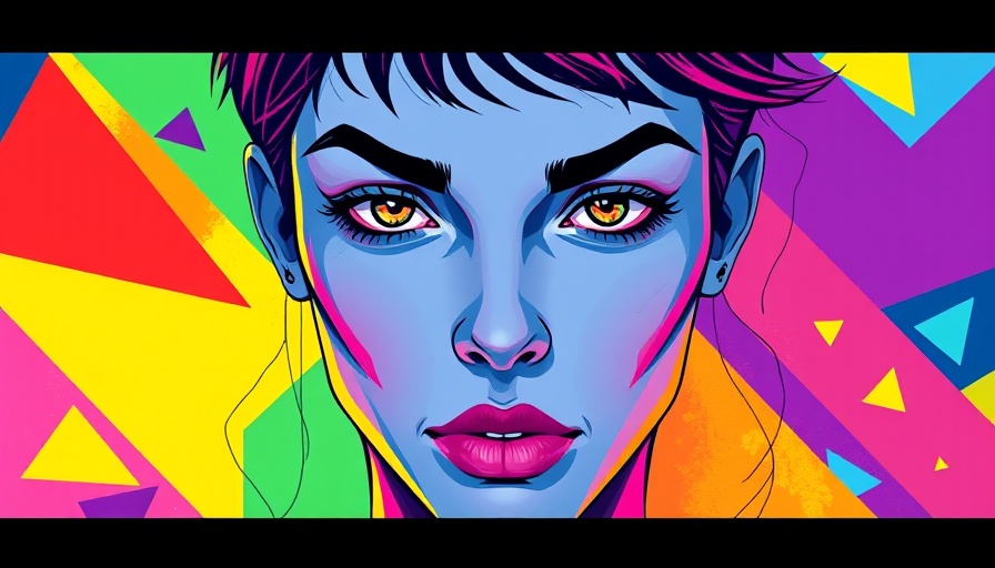 Abstract colorful illustration with geometric shapes and focused face.