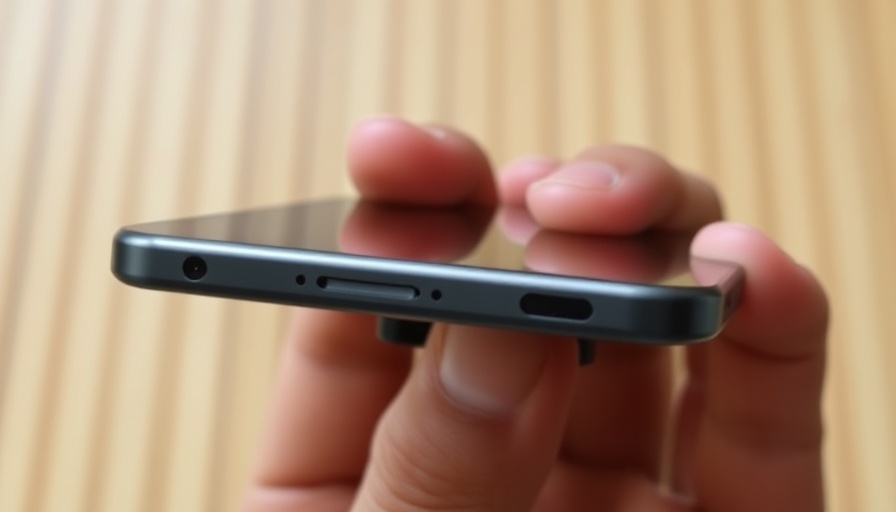 Close-up of Humane Ai Pin in hand against wooden stripes.