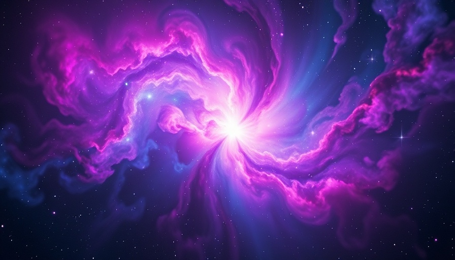 Vibrant cosmic nebula with swirling purple and blue hues, Quipu superstructure vision.