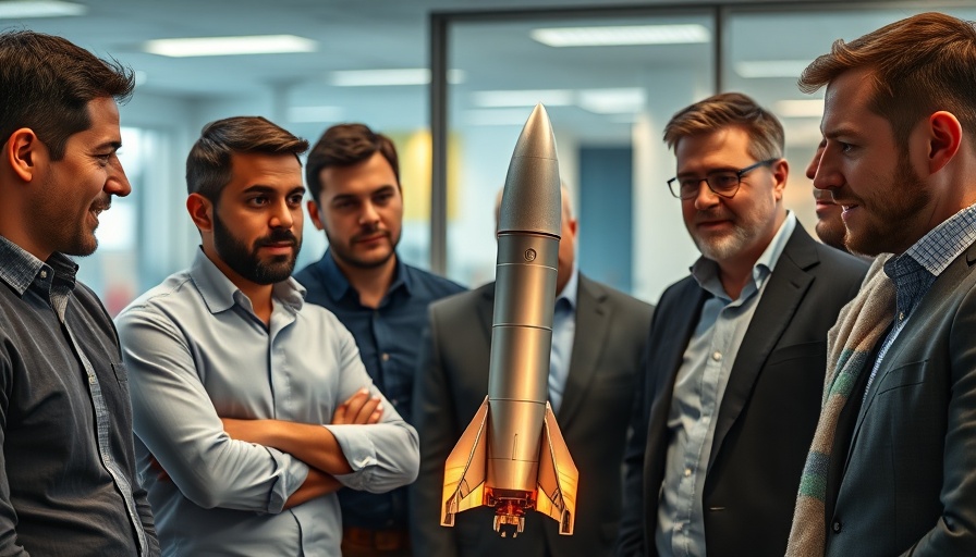Group of professionals discussing a space rocket model in an office setting.