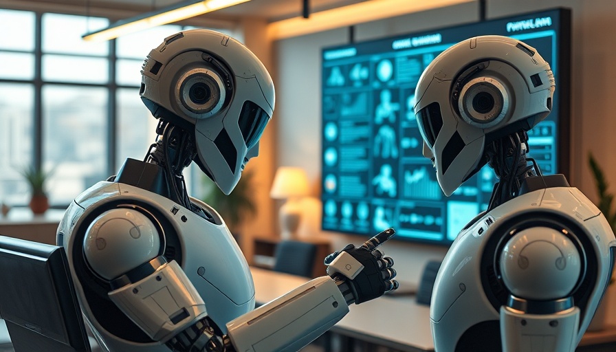 Robots examining AI Workflow Documentation on screen in modern office.