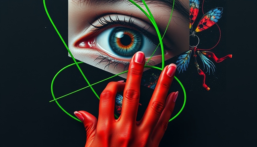 Abstract image with eye, lips, neon lines, and hand for AI image generator exposed database.