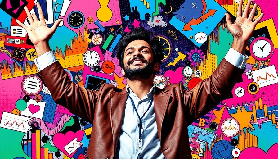 Colorful collage with cartoon graphics and stock chart in pop-art style.