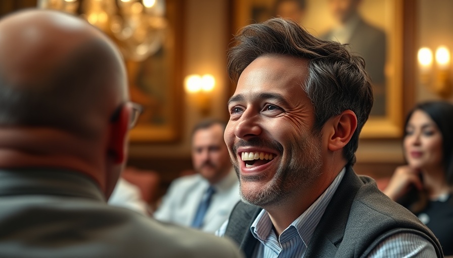 Joyful man discussing government efficiency impact.