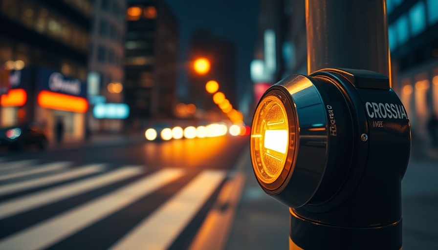 Illuminated crosswalk button at night with instructions.
