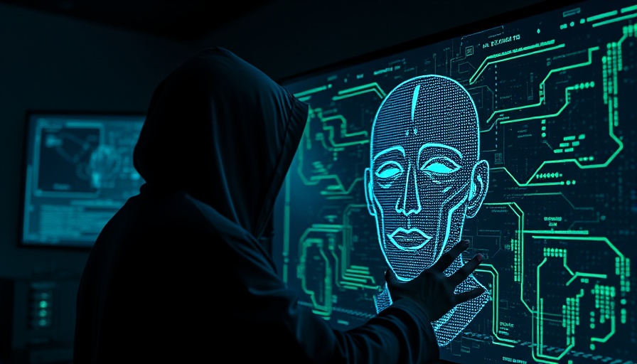 Futuristic interface with digital face and hooded figure, AI-powered social media bots police theme.