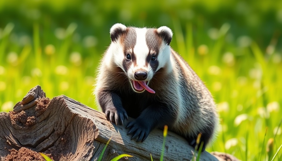 Playful badger in field with Google text overlay.