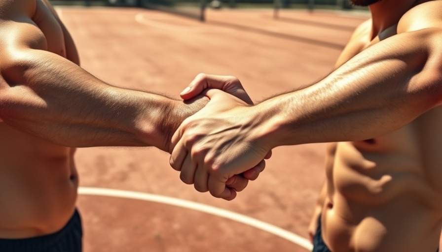 Two people clasping hands firmly outdoors, symbolizing unity and strength.