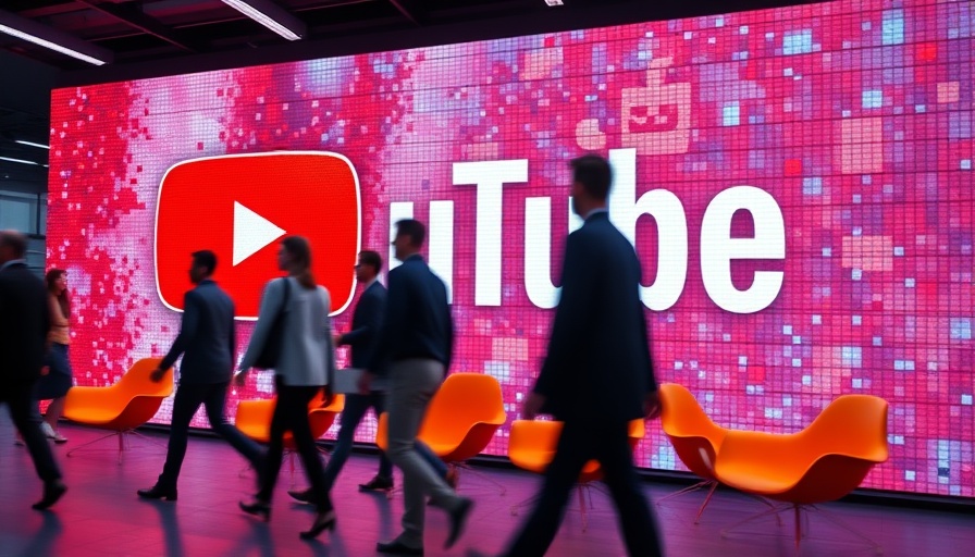 Vibrant scene of people passing a YouTube backdrop with LED lights.