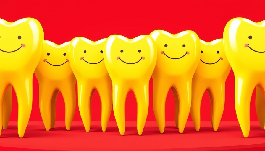 Cartoon yellow teeth on red background, vibrant and whimsical.