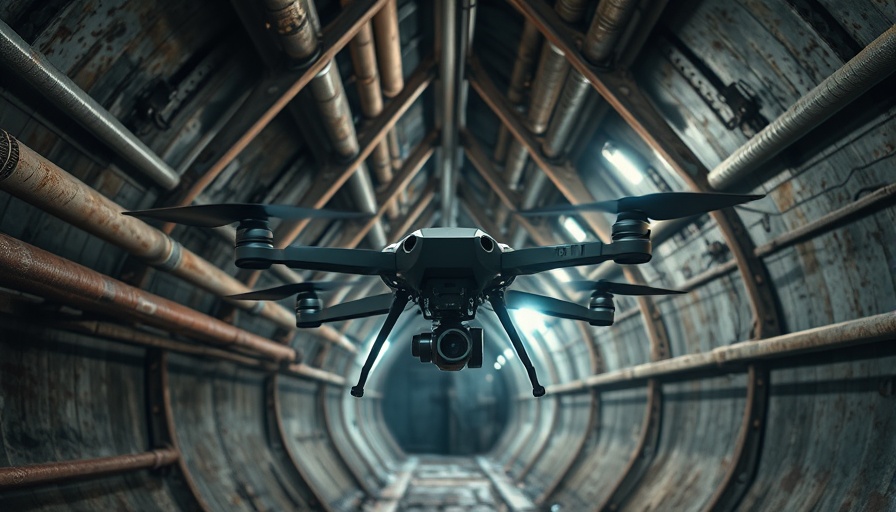 Drone technology in sewer inspections showcasing a drone in a dimly lit tunnel.