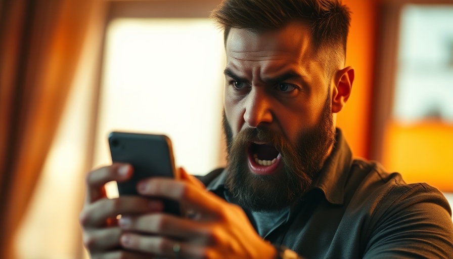 Angry bearded man with phone challenges Grok AI views.