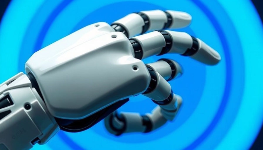 Futuristic robot hand touching furry surface, vivid blue background.