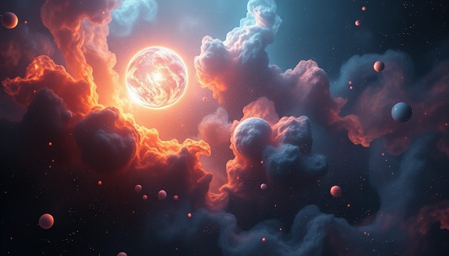 Dark energy universe: cosmic particles swirl in vivid nebula.